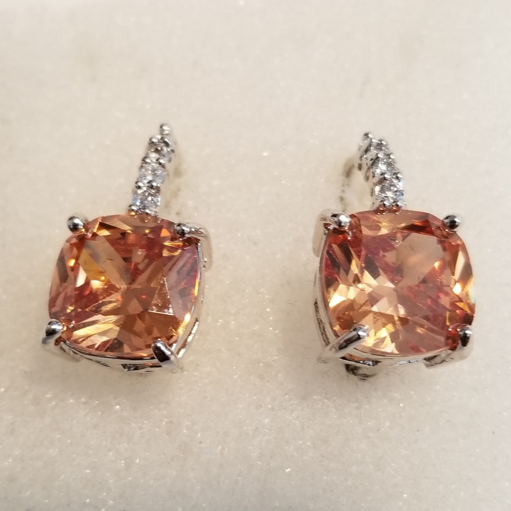 Morganite,CZ'S 18kt plated Rhodium Earrings
